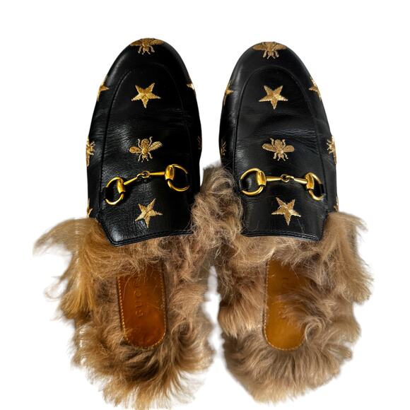Gucci Horsebit Bee Princetown Fur Mules Loafers Black Size EU 37 US 7 - Picture 7 of 15
